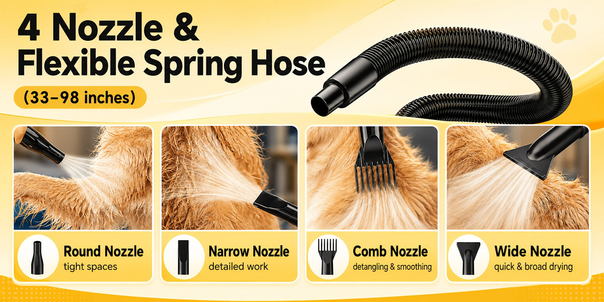 Dog Blow Dryer 2000W with Adjustable Speed and Temperature, Pet Grooming Hair Dryer with 4 Nozzles and Extendable Hose in Four Colors