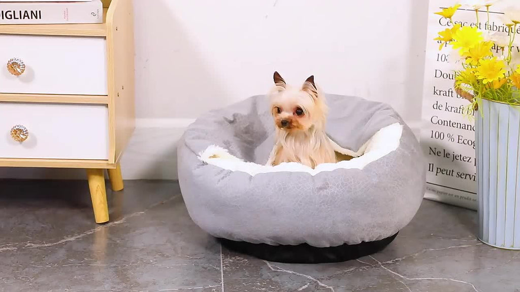 Donut Cave Dog Bed with Hooded Blanket, Fluffy Round Pet Nest with Raised Edges and Non-Slip Bottom for Indoor Dogs and Cats, Beige or Grey