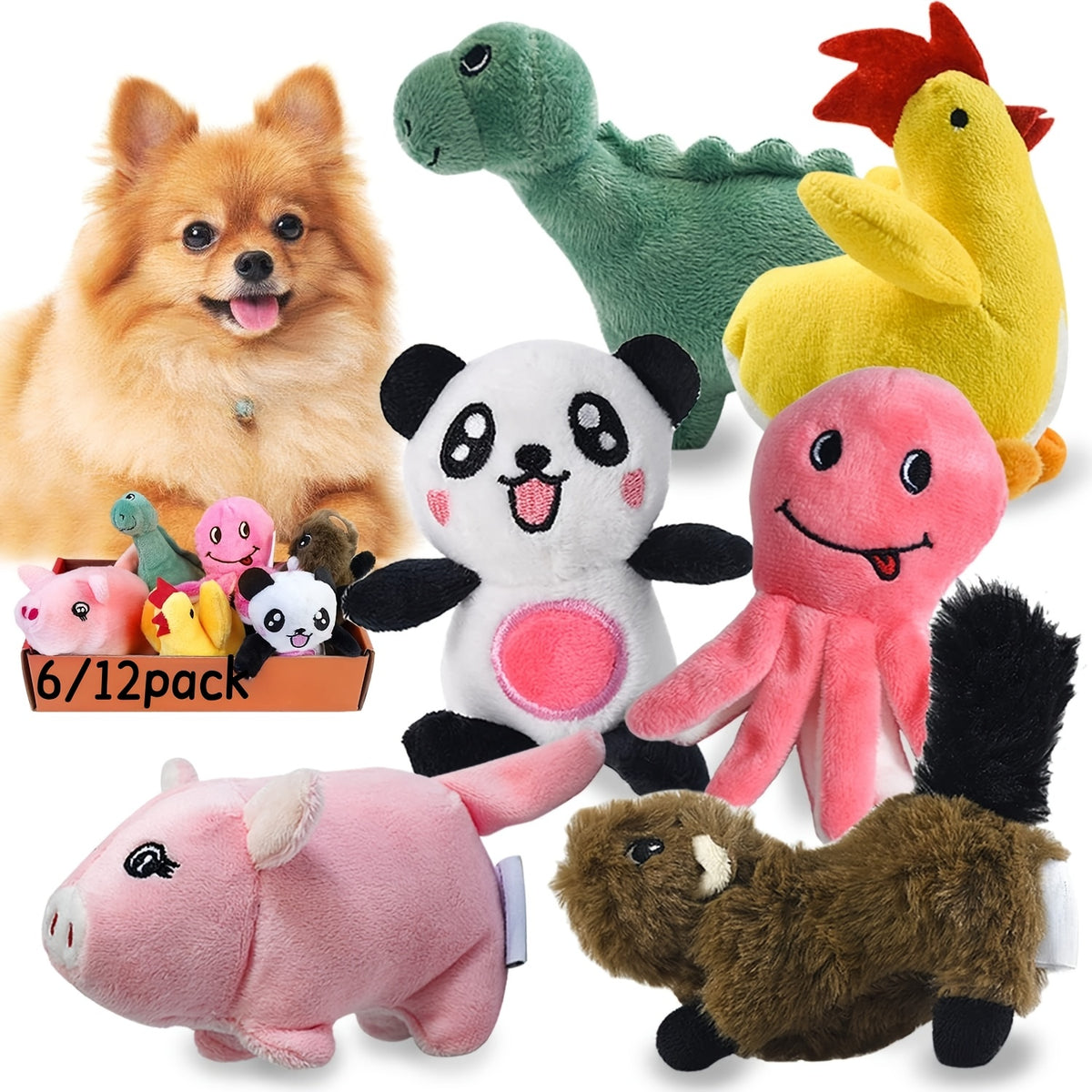 Puppy Squeaky Toy Bundle, 6 or 12 Soft Stuffed Plush Dog Toys for Small and Medium Dogs, Supervised Gentle Play and Everyday Toy Rotation