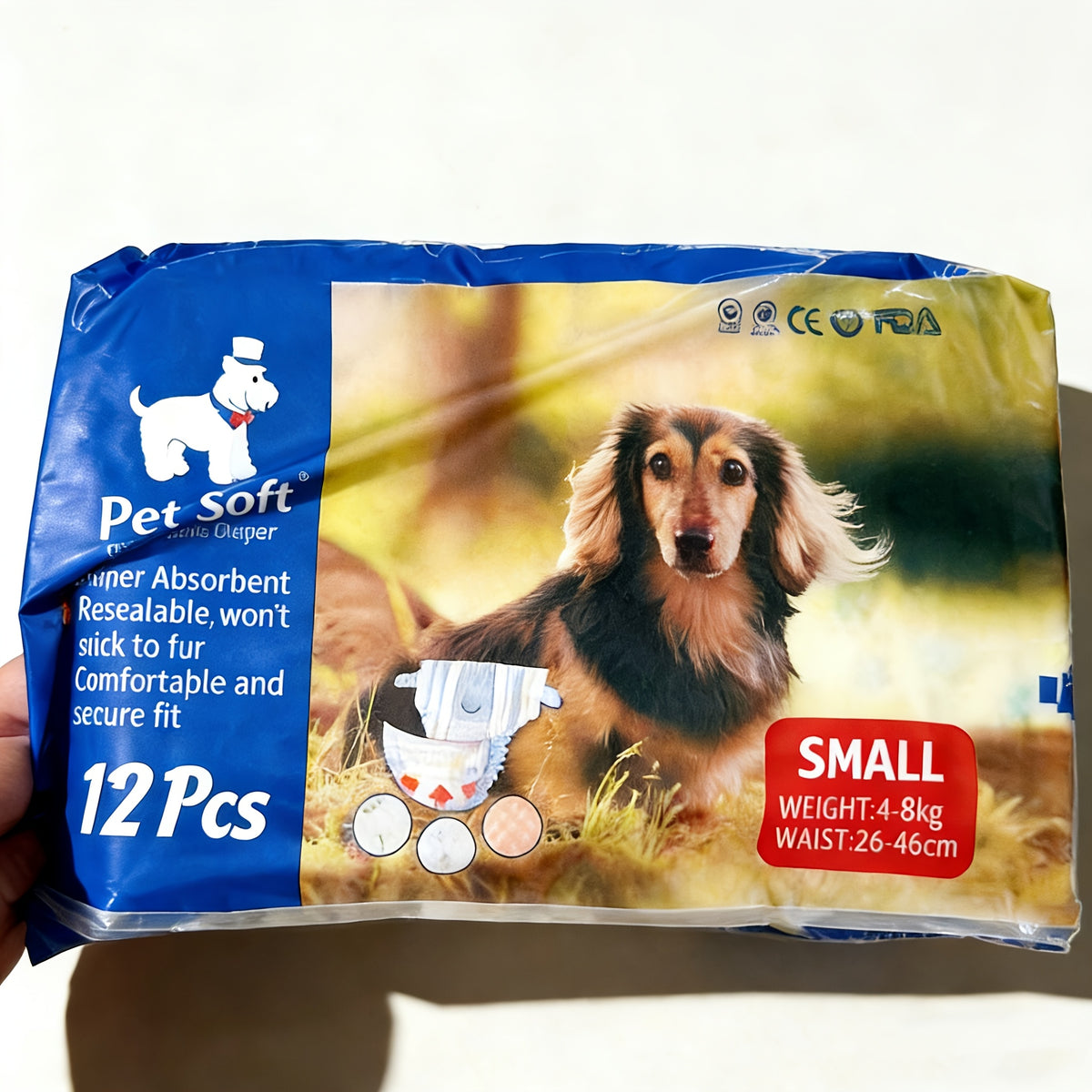Disposable Dog Diapers 12 Pack with Adjustable Fasteners, Absorbent Male and Female S or M Options for Puppy Training, Senior Dog Accidents and Travel