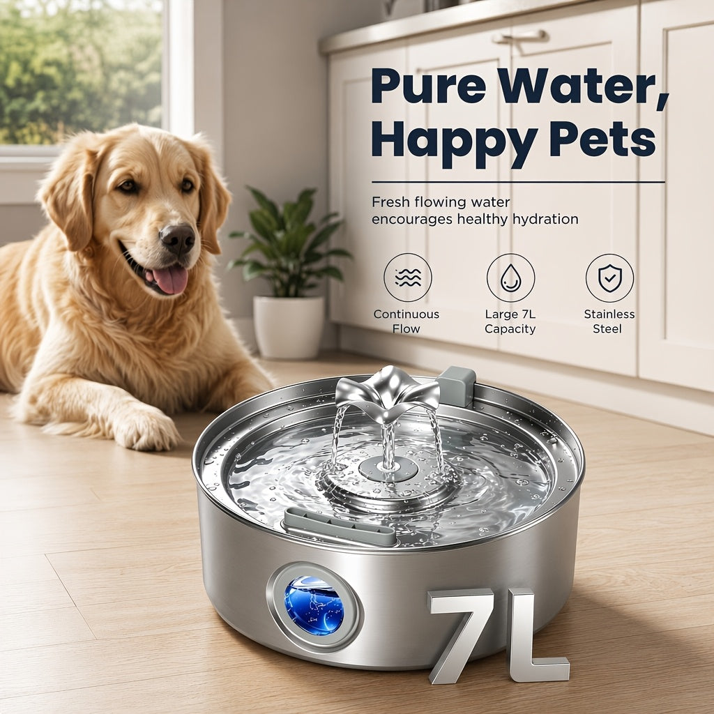 Dog Water Fountain 7L with Flower Head, 304 Stainless Steel Pet Drinking Dispenser with Water Level Window and Filter Bundle Options for Multi-Pet Homes