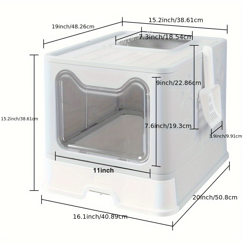 Foldable Cat Litter Box with Drawer Tray and Scoop, Large Plastic Top-Entry Kitty Toilet with Perforated Lid for Indoor Cat Potty Care