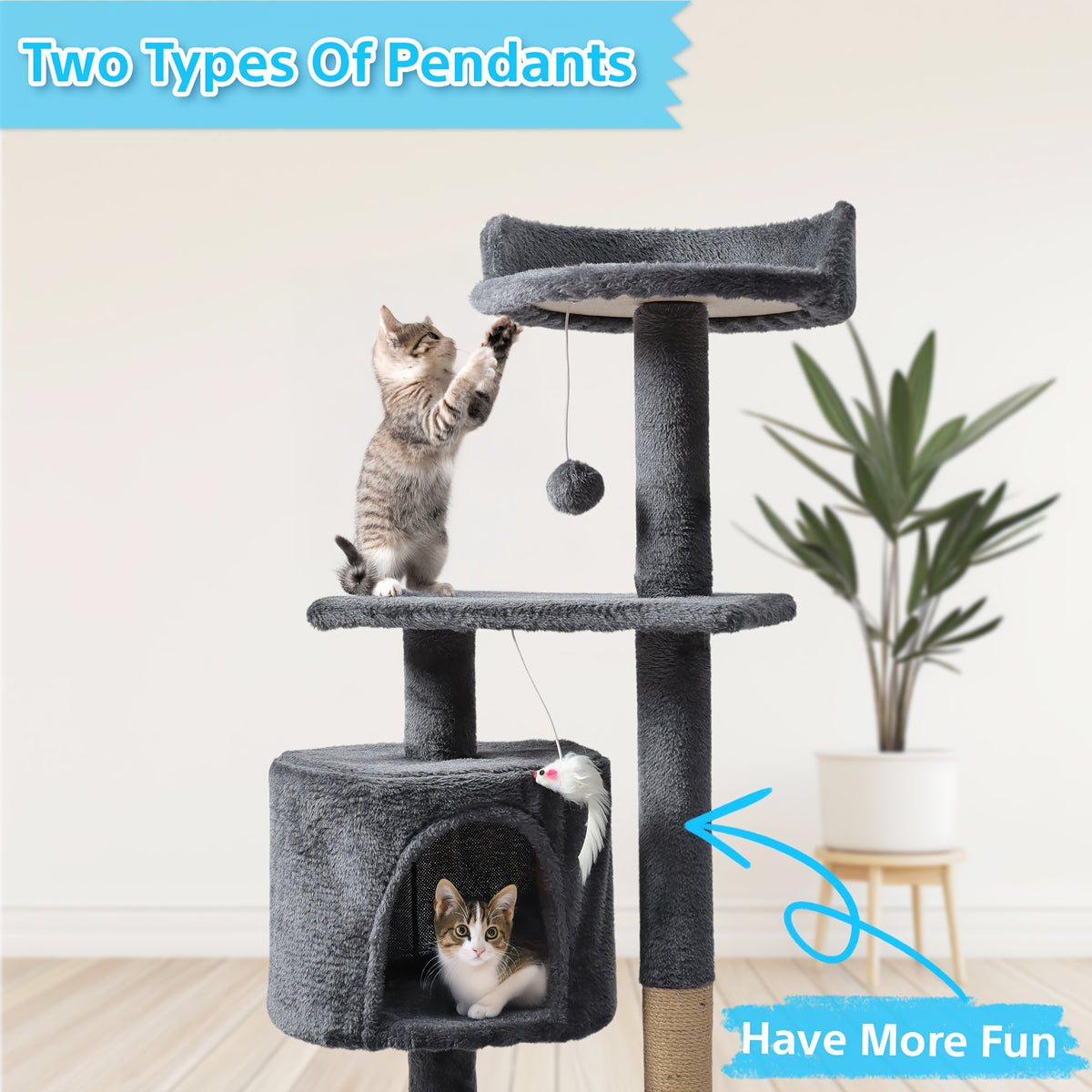 Cat Tree with Hammock and Extended Platform, Multi-Level Indoor Cat Tower with Sisal Scratching Posts, Condo and Dangling Play Toy