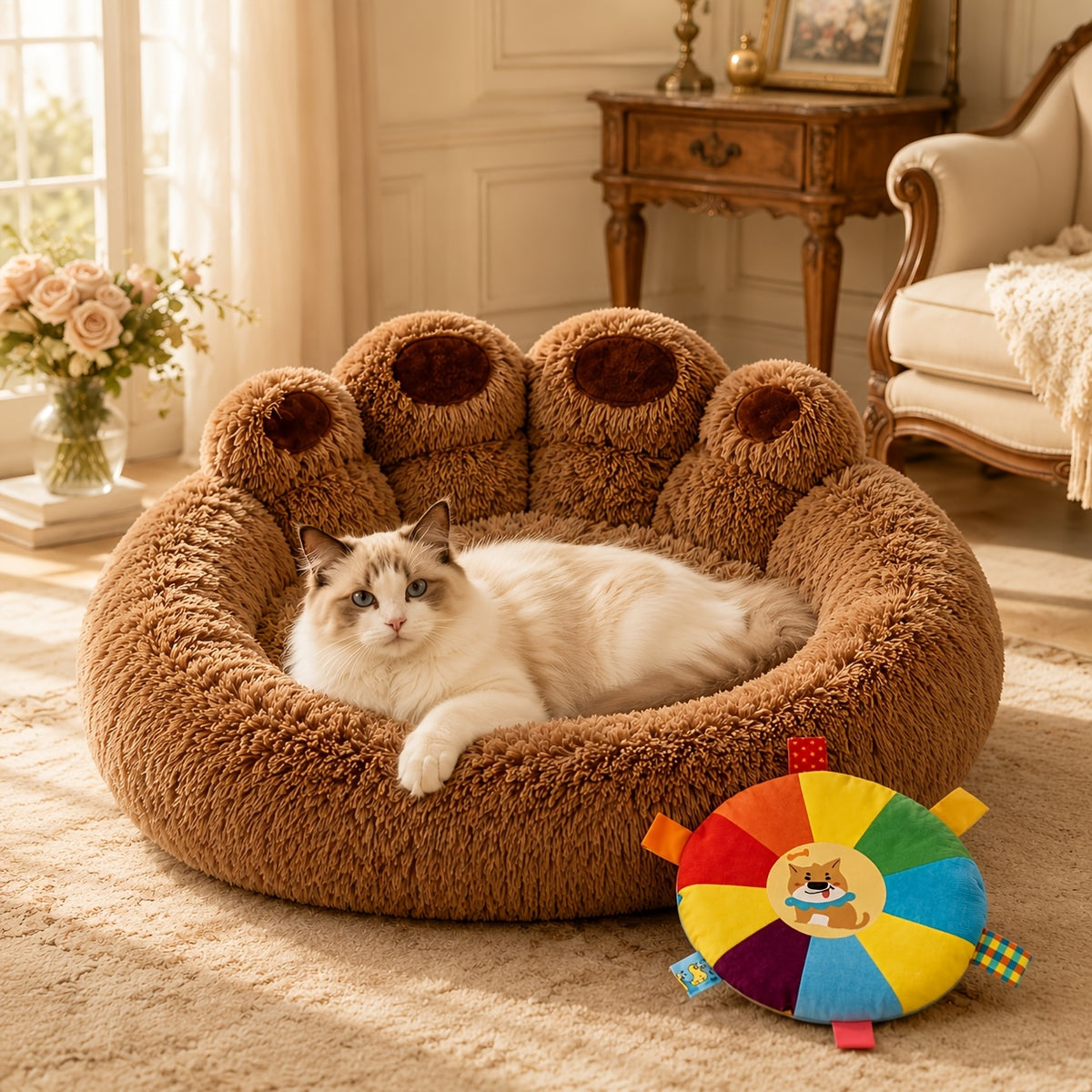 Long Plush Pet Bed with Bear Paw Shape, PP Cotton Filled Dog and Cat Sleeping Cushion with Anti-Slip Bottom, Single Bed and 2PCS Options