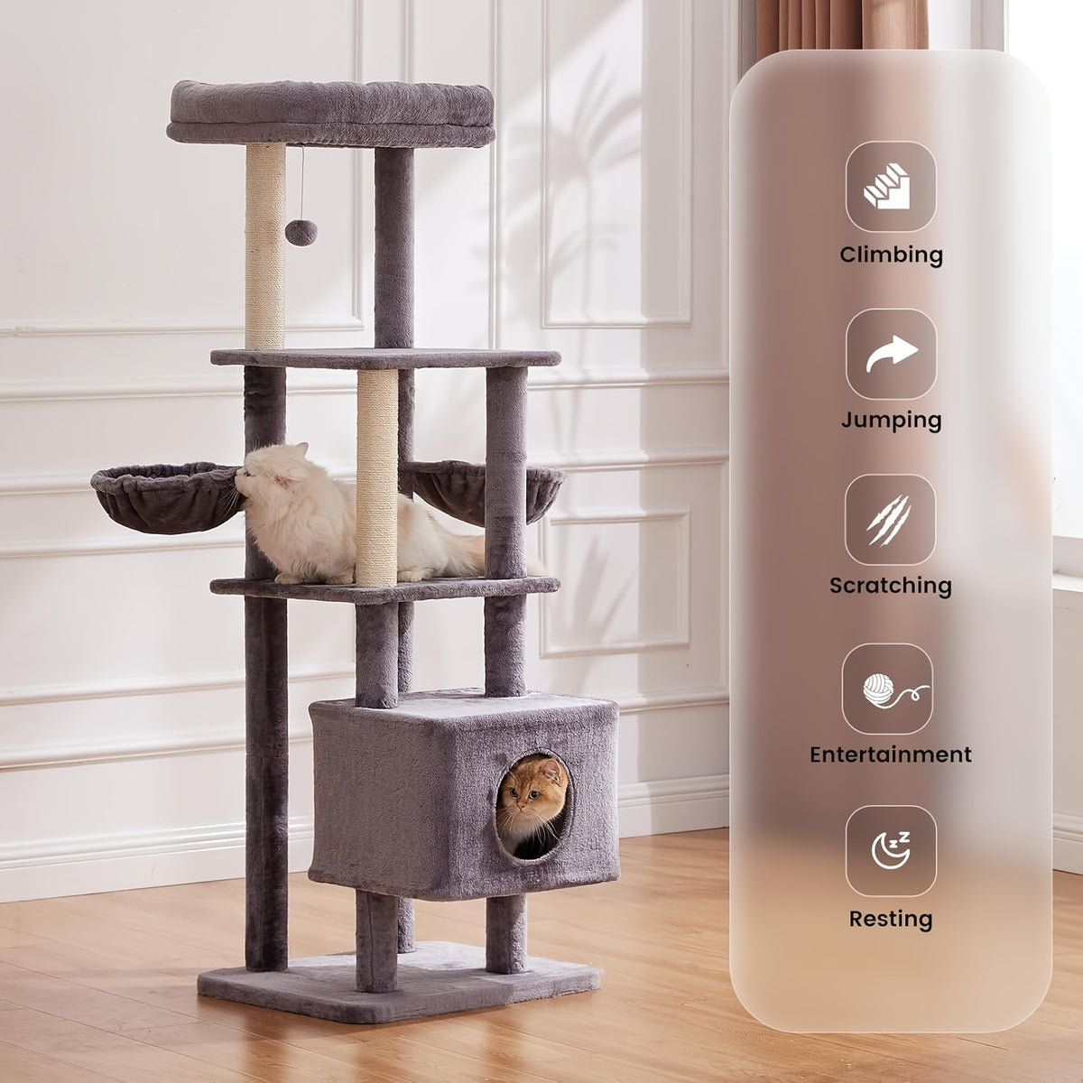 Cat Tree with Dual Hammocks, 65 Inch Six-Level Indoor Cat Tower with Natural Sisal Scratching Posts, Condo and Washable Top Perch