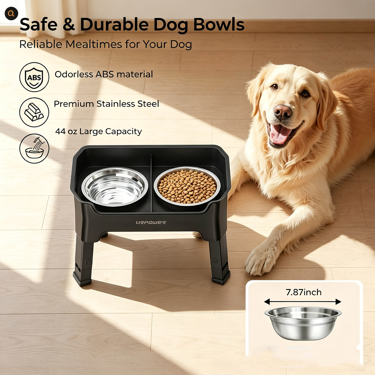 Splash Guard Elevated Dog Bowls with Four Adjustable Heights, Two 53oz Stainless Steel Bowls and Non-Slip Feet for Everyday Food and Water