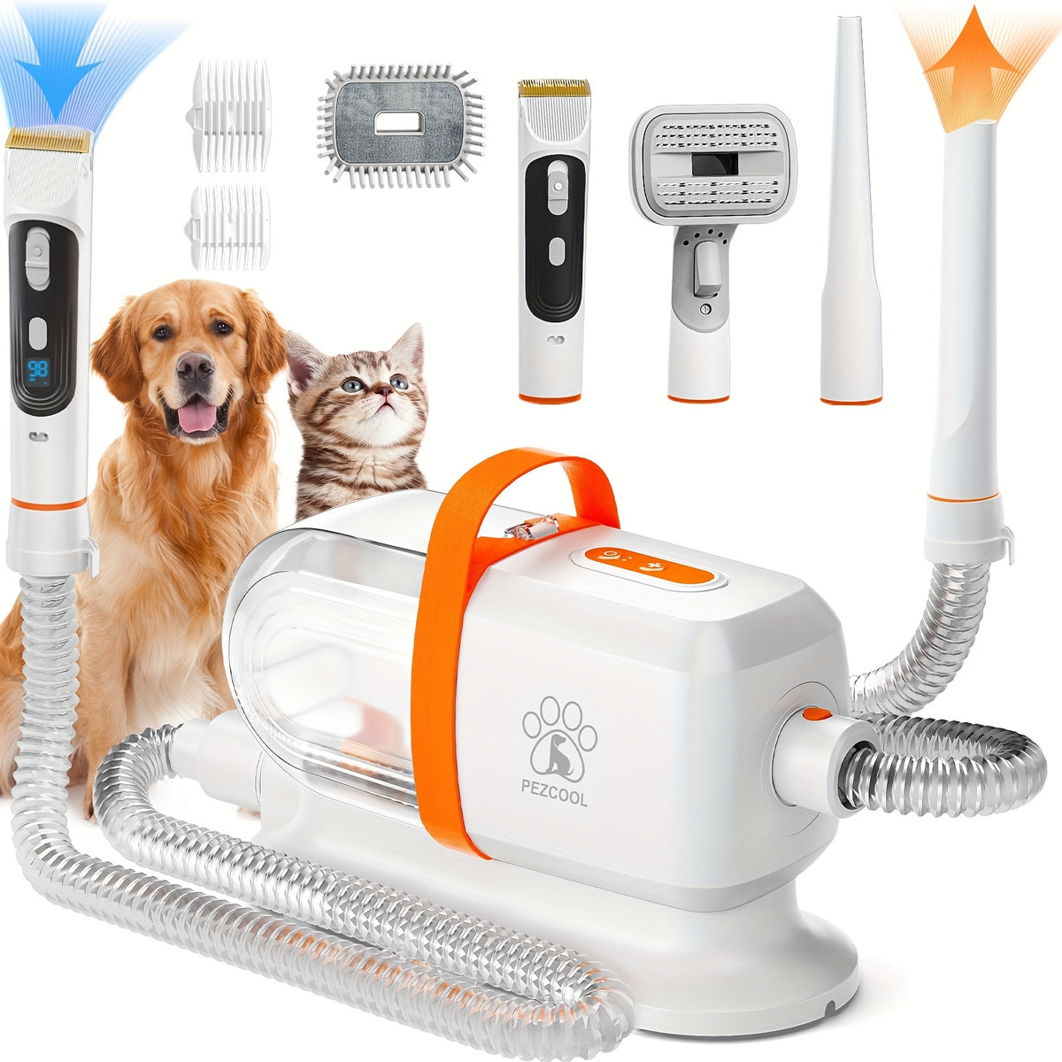 Pet Grooming Vacuum 12000Pa with 2.2L Dust Cup and 3 Suction Levels, Orange or Purple Dog Hair Collection System with 8-in-1 Kit Options