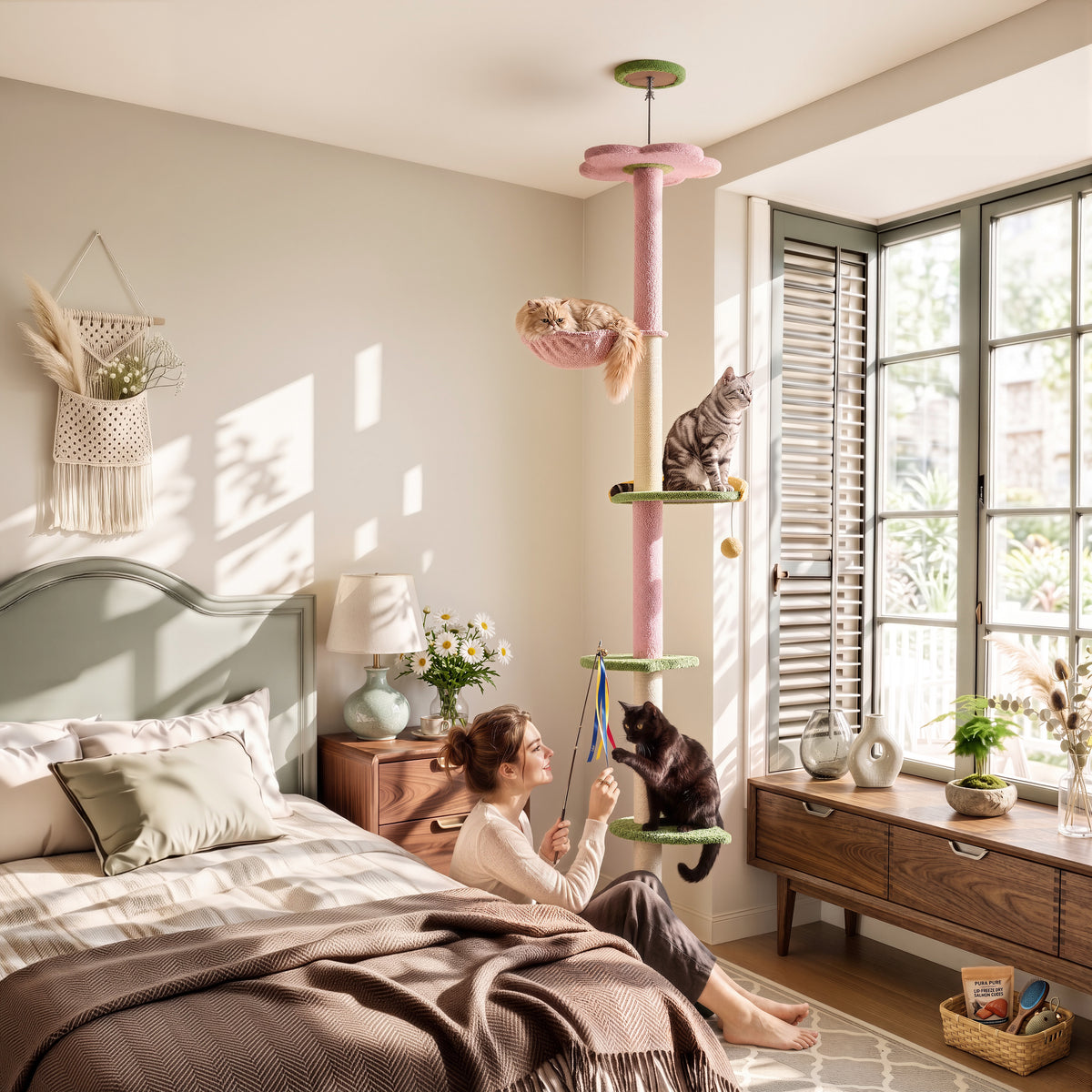 Floor to Ceiling Cat Tree with Hammock, Adjustable Cactus Cat Tower with Sisal Scratching Post, Faux-Fur Platforms and Interactive Playball for Indoor Cats