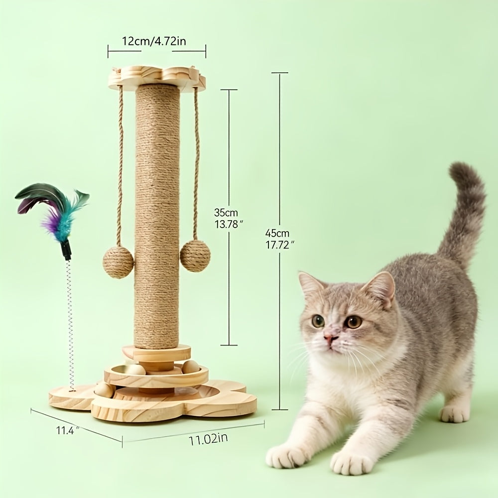 4-in-1 Cat Scratching Post with Ball Tracks, Hanging Toys and Feather Teaser for Indoor Cats, Small to Large and Replacement Column Options