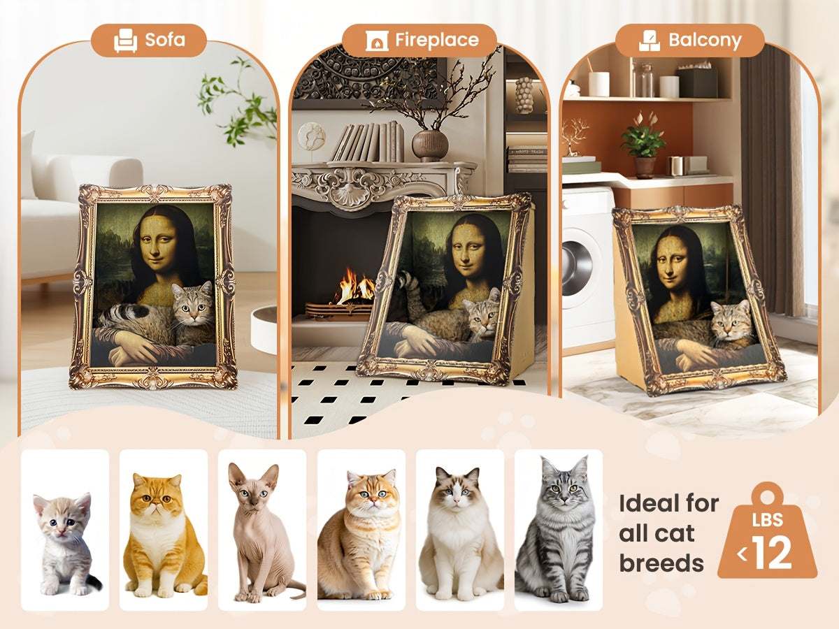 Mona Lisa Cat Scratcher Bed with Art Frame, Easy-to-Assemble Cardboard Cat Condo for Indoor Scratching, Resting and Creative Home Decor