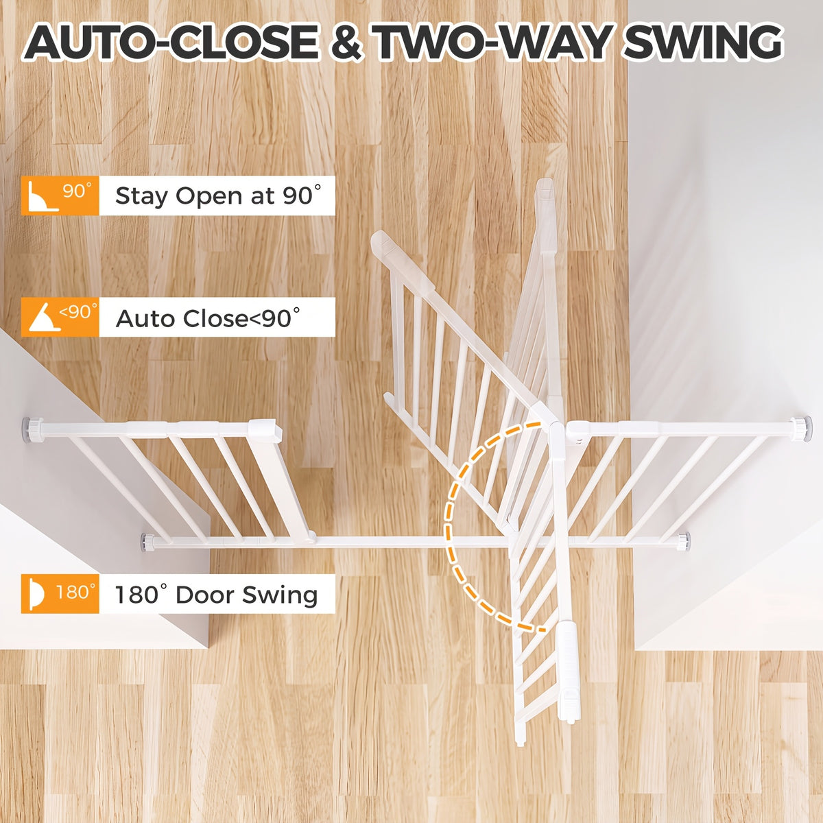 Auto Close Pet Gate in White, Pressure Mounted Walk Through Dog Barrier with Two-Way Swing, One-Hand Operation and Extensions for Doorways and Hallways