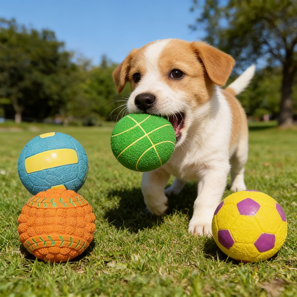 Squeaky Dog Sport Balls 4 Pack, 2.8-Inch Soft Latex Bouncy Fetch Toys with Colorful Sports Patterns for Supervised Puppy and Small Dog Play