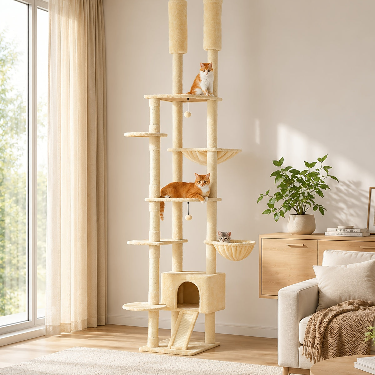Adjustable Floor to Ceiling Cat Tree 90.5–100.4 Inches, Dual Top Support Indoor Tower with Condo, Hammocks, Climbing Platforms and Scratching Posts