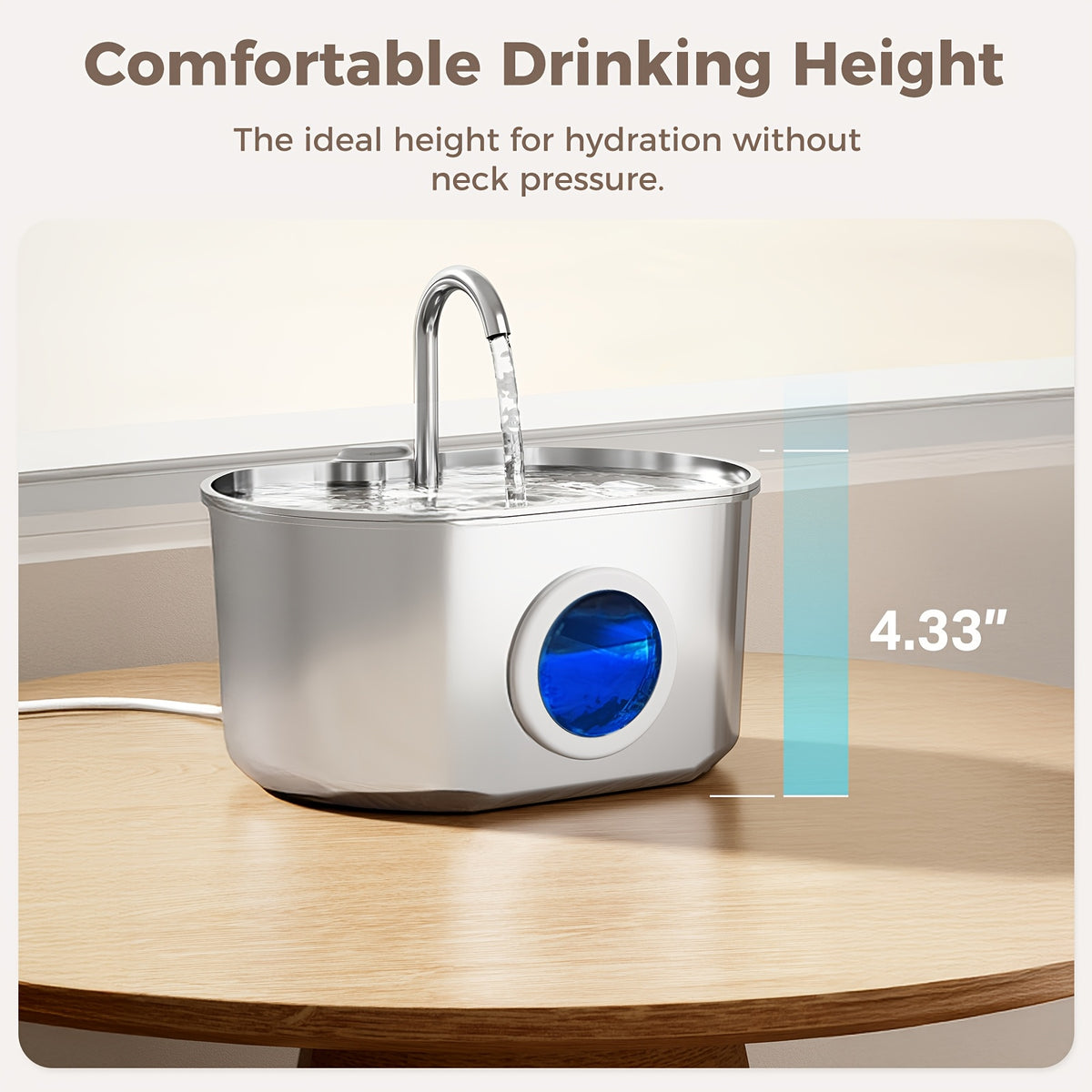 Cat Water Fountain 74oz 2.2L in 304 Stainless Steel, Quiet 5V Pet Drinking Dispenser with Water Level Window and Choice of 1 or 4 Filters