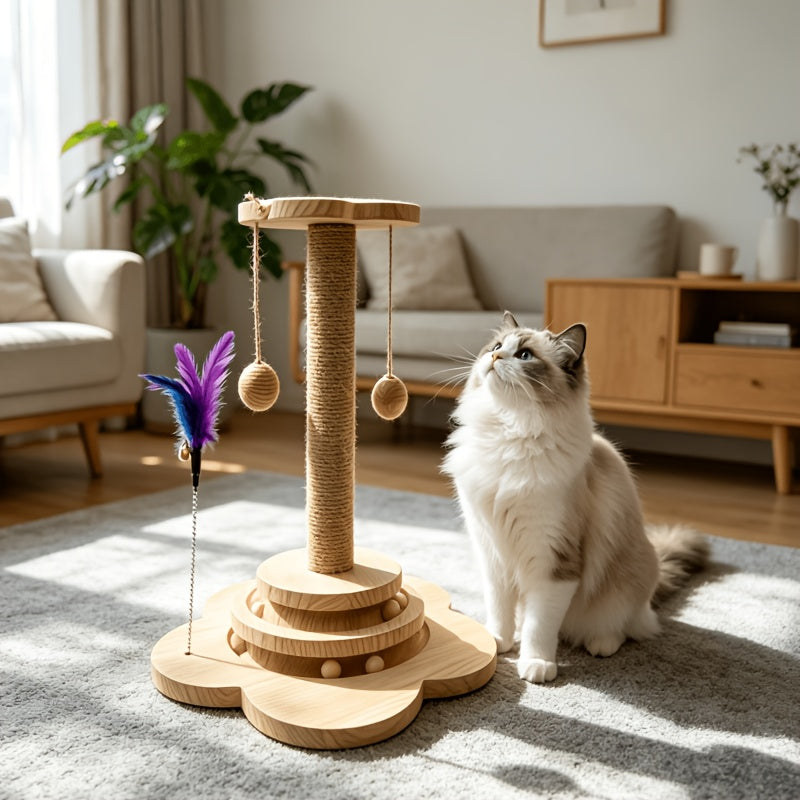 Wooden Cat Scratching Post for Indoor Cats, Mushroom and Dolphin Style Choices, Gray Velvet Scratcher and Separate Sisal Column Option