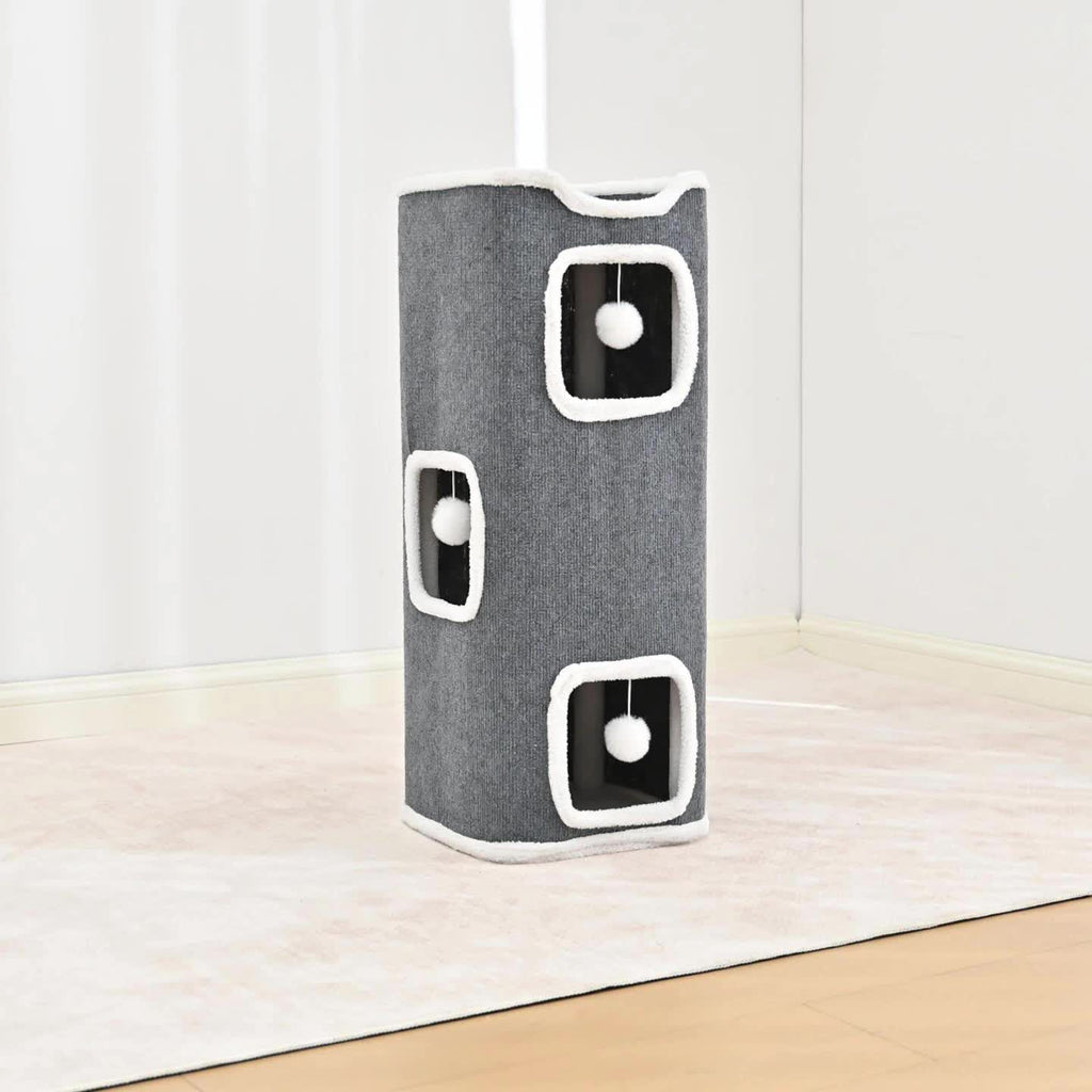 Cat Tree with Three-Layer Foldable Tower, Indoor Cat Condo with Cozy Top Bed, Hanging Ball Toys and Scratch-Resistant Surface for Small Spaces