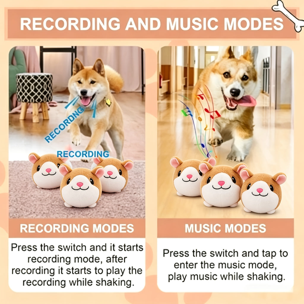 Voice Recording Dog Toy with Bouncing Ball, USB Rechargeable Moving Animal Toy with Music, Crinkle Sounds and Washable Cover for Supervised Play