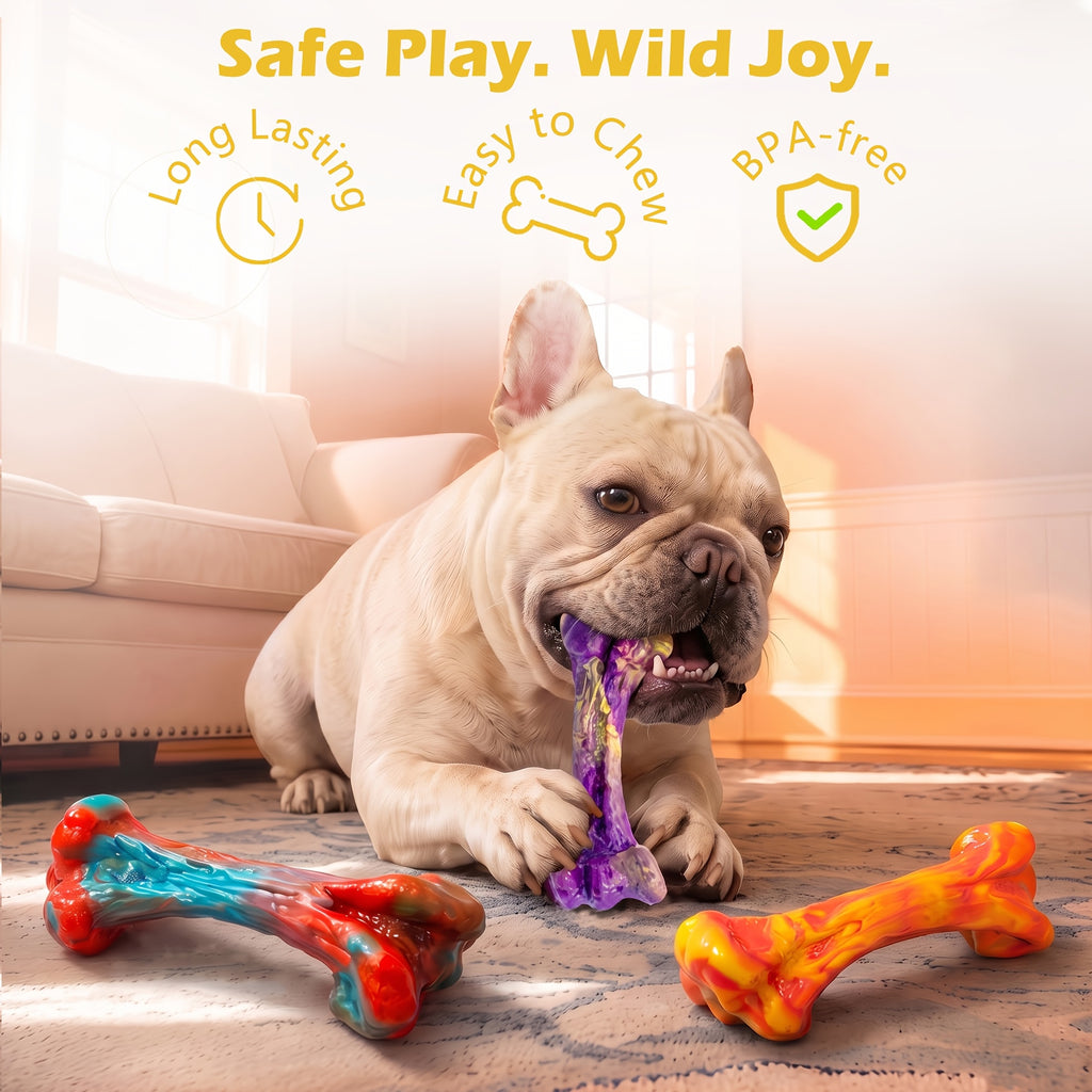 Beef-Scented Dog Chew Toys 3-Pack, Textured Bone-Shaped Chewing Toys for Medium and Large Dogs, Purple Red Orange Supervised Play Set