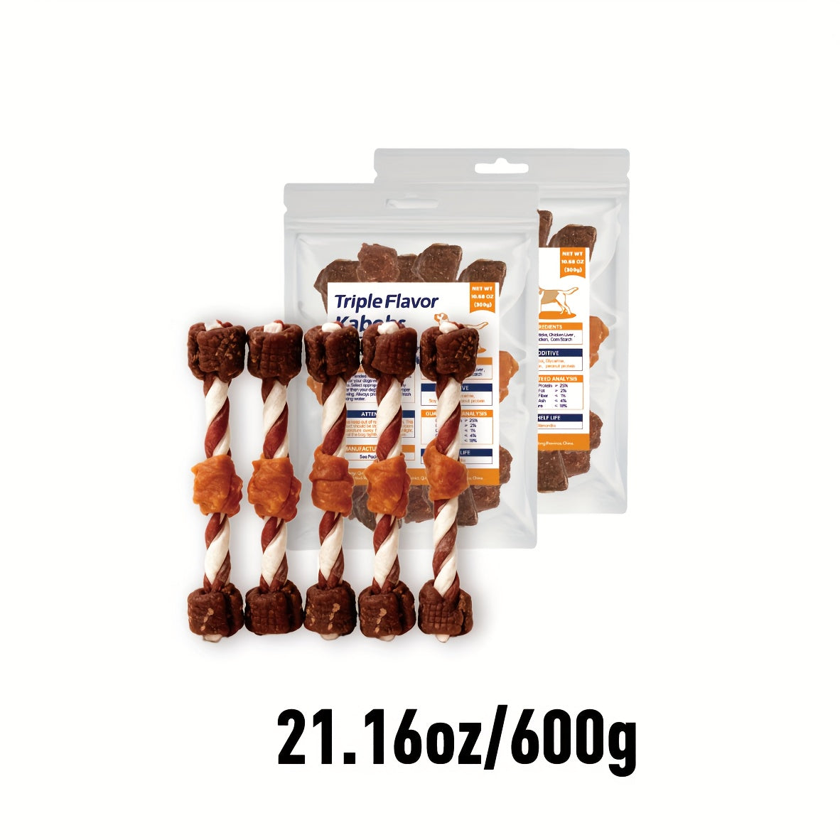 Dog Chew Kabobs with Chicken, Beef and Liver, Triple Flavor Dog Treats for Supervised Snack Time in 100g, 300g, 600g and 900g Packs