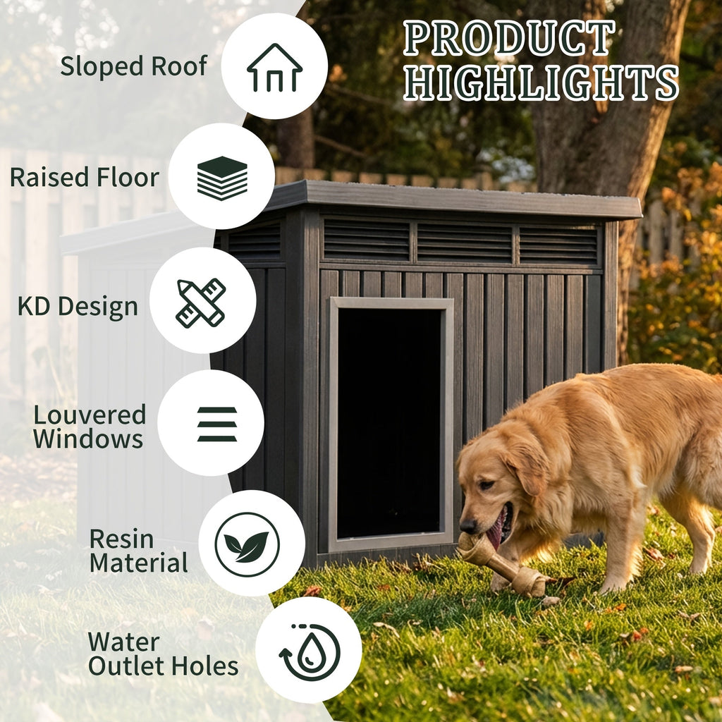 Ventilated Dog House with Slanted Roof, Black or Grey Indoor Outdoor Pet Shelter with Listed Waterproof and UV-Resistant Features for Large Dogs