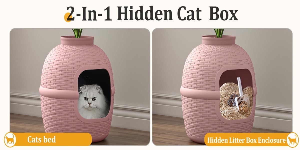 Hidden Litter Box with Plant and Rattan Pattern, Waterproof PP Cat Litter Furniture for Indoor Homes, Easy Assembly and Cleaning, Brown or OW