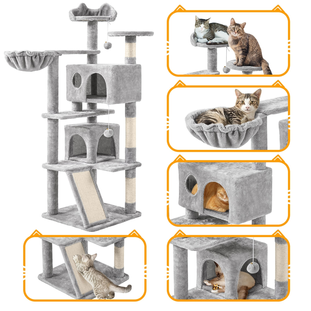 Cat Tree 57 Inch with Two Condos, Plush Multi-Level Indoor Kitten Tower with Round Platform, Ladder and Dangling Ball for Small Cats