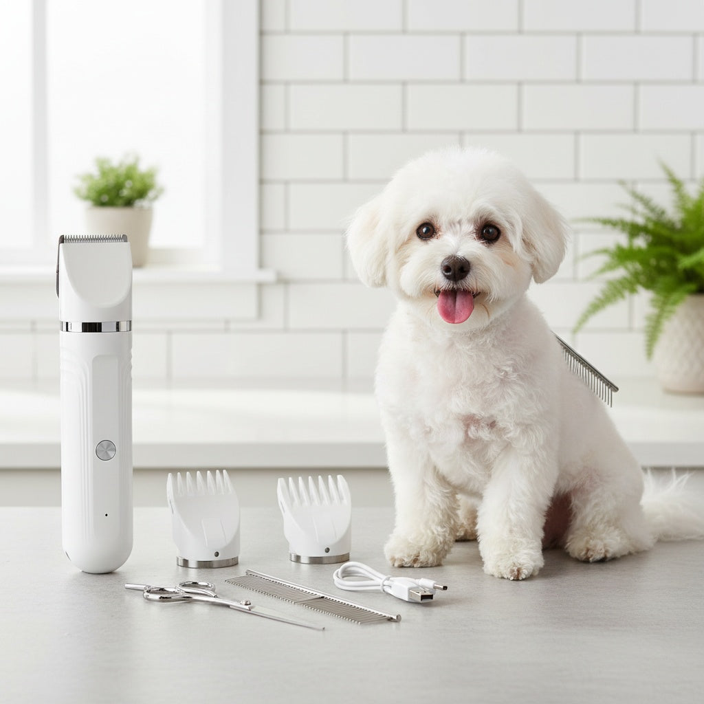 Dog Grooming Kit with Interchangeable Heads, USB Rechargeable Cordless Pet Hair Clipper with 4 Guide Combs, Steel Scissors and Comb for Home Trimming