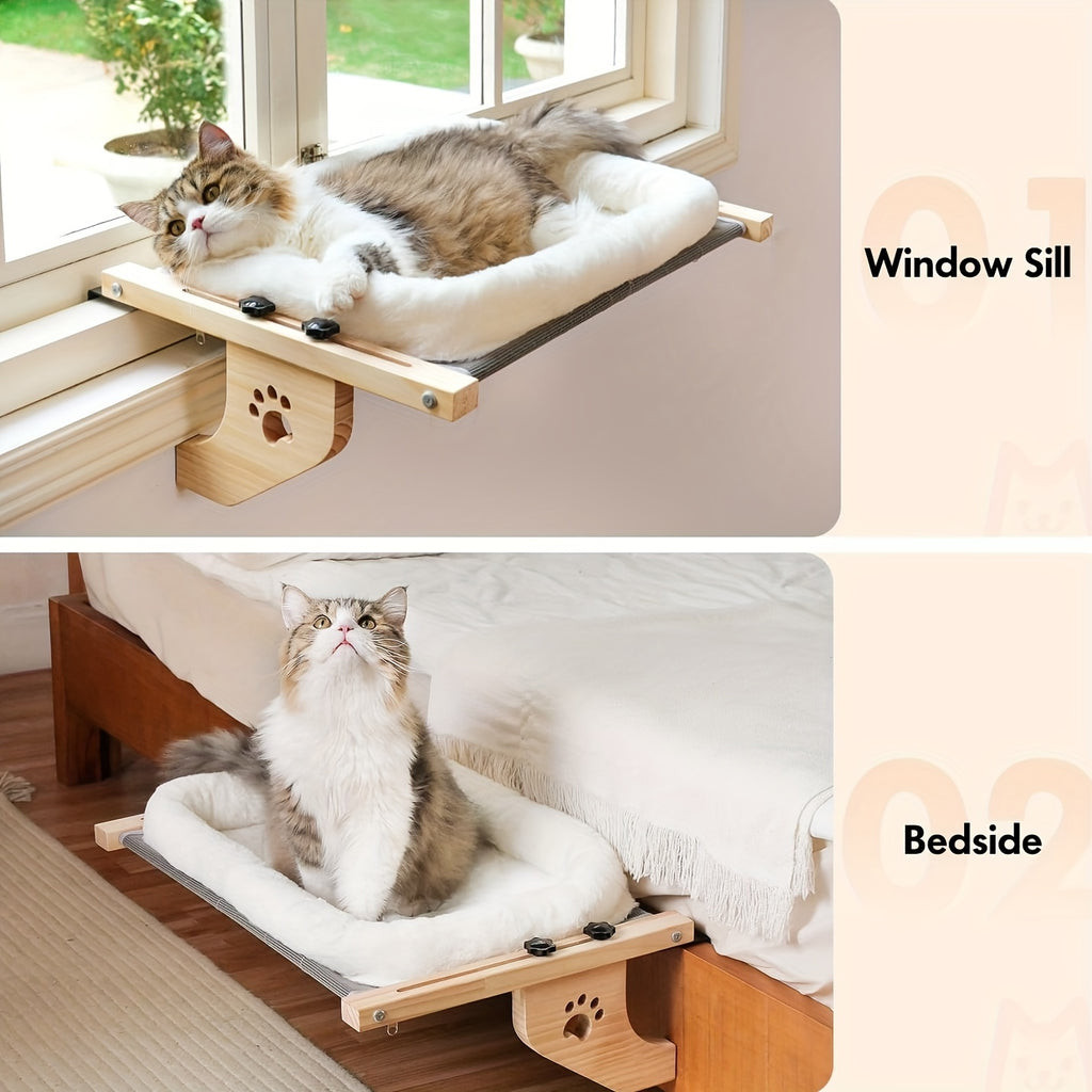 Wood Frame Cat Window Perch, Adjustable Hanging Indoor Cat Bed for Compatible Windowsills, Bedsides, Drawers and Shelves, Space-Saving Lounging Spot