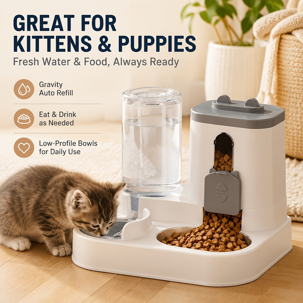 2-in-1 Cat Feeder and Water Dispenser, Non-Electric Gravity Food and Water Station for Cats and Small Dogs with Optional Cleaning Brush