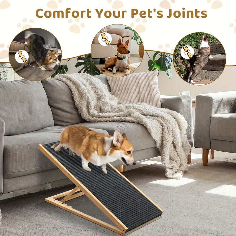 Adjustable Wooden Dog Ramp for Couch and Bed Access, Folding Pet Ramp with Textured Walking Surface for Dogs and Cats, S and L Options