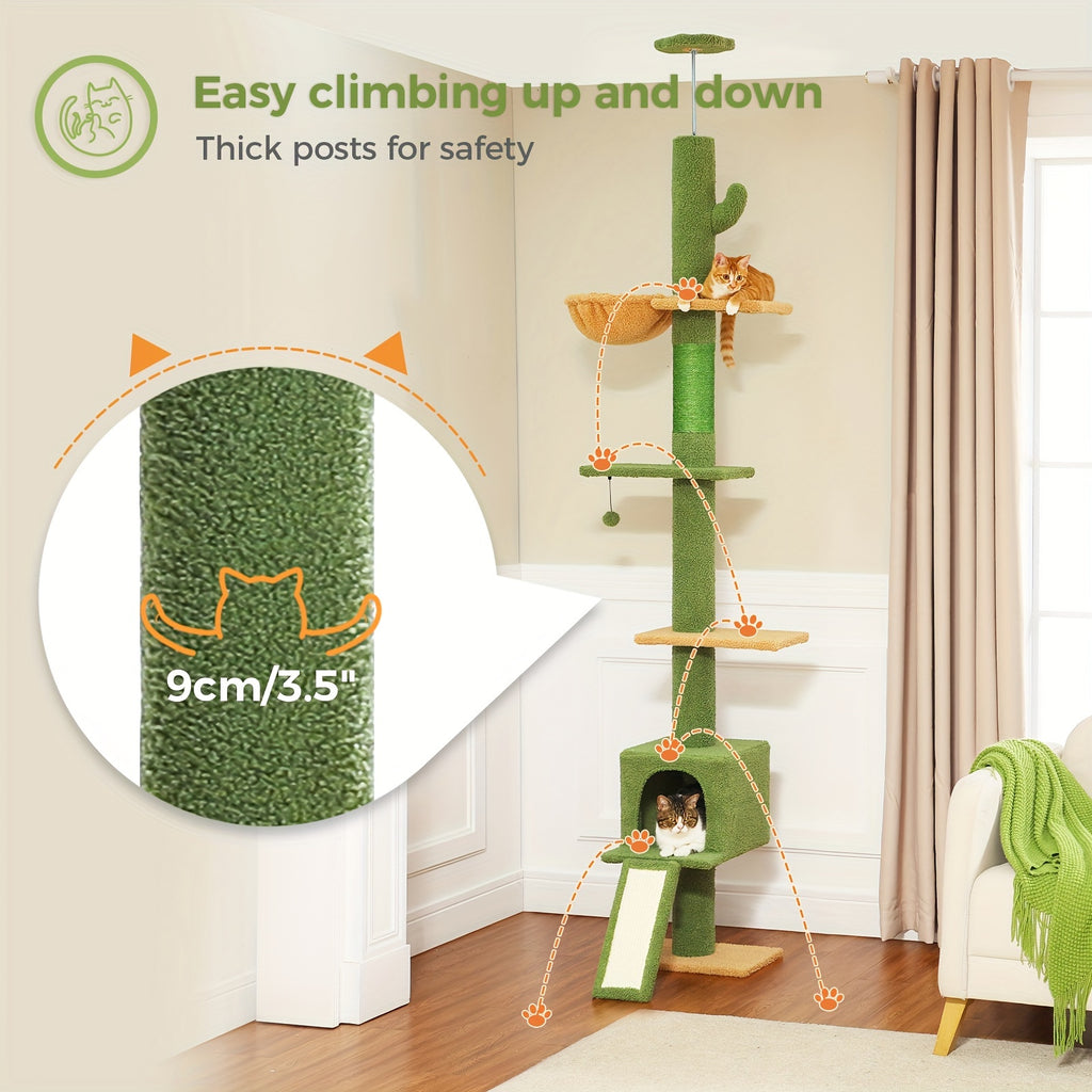 5-Tier Floor to Ceiling Cat Tree, 83–108 Inch Adjustable Indoor Cat Tower with Condo, Hammock, Scratching Post and Ladder in Seven Color Options
