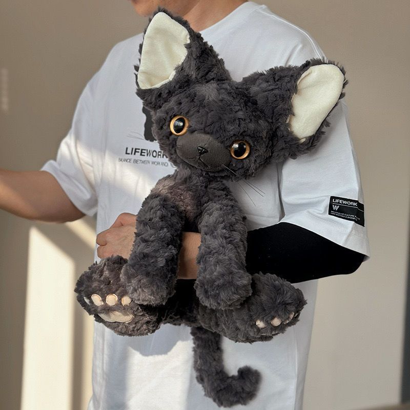 Soft Fur Cat Toy 13.78 Inch, Devon Rex Inspired Black Cat Character with Large-Eye Cartoon Design for Supervised Gentle Play and Pet Lover Gifts