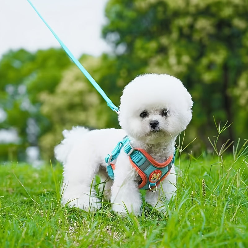 Small Dog Harness and Leash Set with Reflective Breathable Vest, Adjustable Fit, 15 Poop Bags, Random-Color Dispenser and 4 Bells for Daily Walks