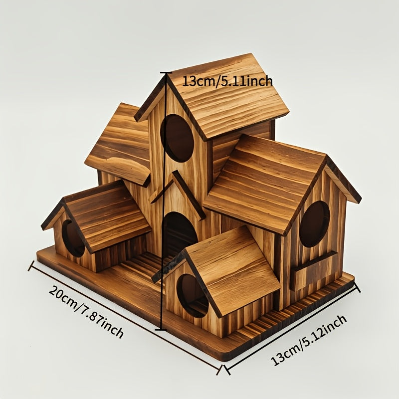 Rustic Outdoor Birdhouse in Dark Brown, Wooden Country Cottage Design with Multiple Entry Openings and Pitched Roofs for Garden and Yard Decor