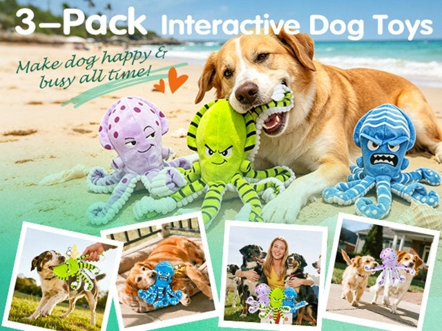 Octopus Dog Toys 3 Pack, Soft Plush Sound-Making Toy Set for Small, Medium and Large Dogs, Interactive Gentle Tug and Indoor Play