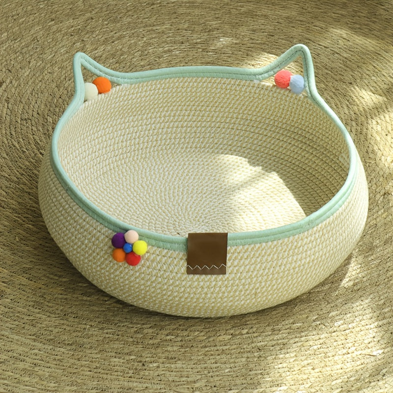 Woven Cat Scratcher Bed with Integrated Cat Nest, Rattan Weave Pet Lounger for Indoor Scratching, Rest and Play, Green or Blue for Cats and Small Dogs