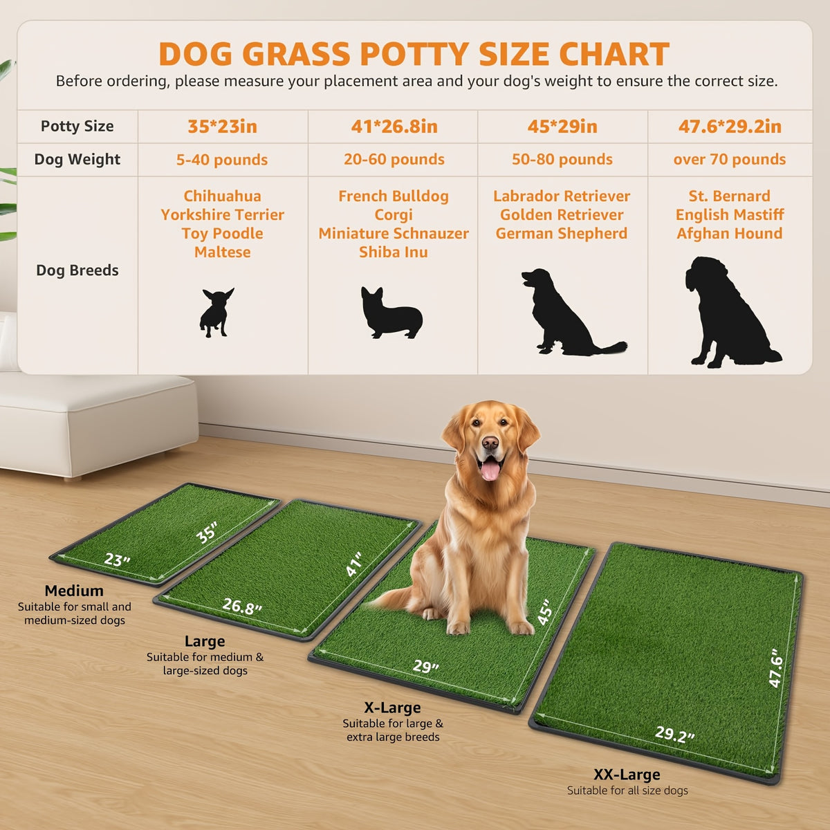 Artificial Grass Dog Potty with Tray and 2 Replacement Grass Pads, Washable Puppy Training Toilet in Three Sizes for Apartments, Balconies and RVs