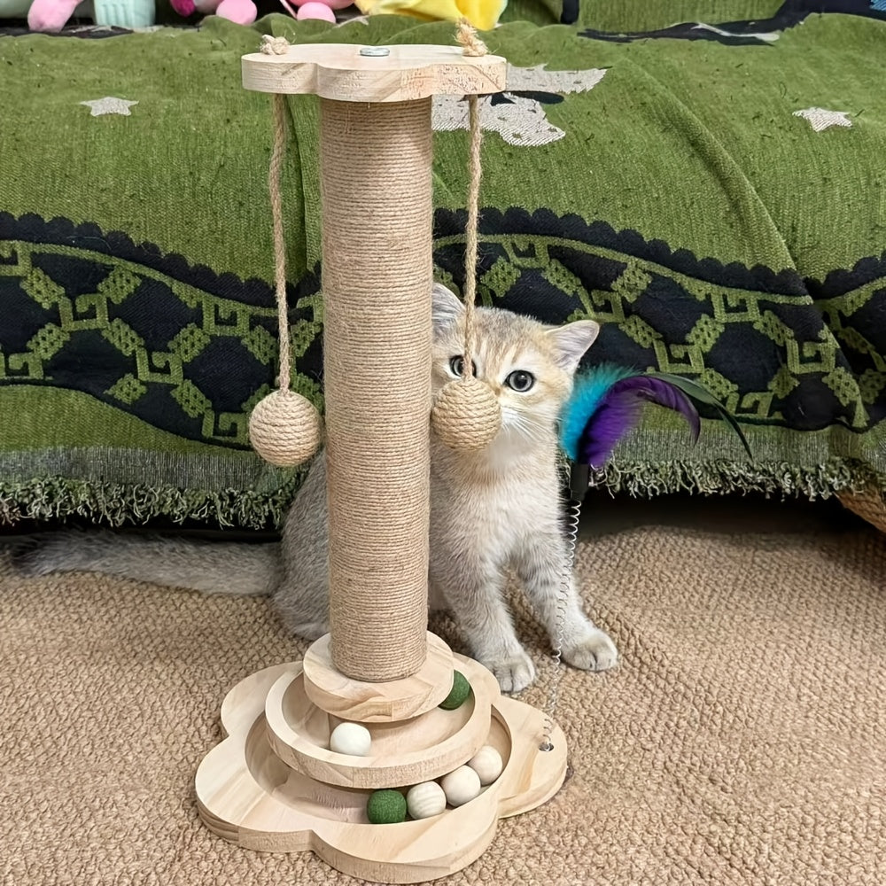 Cat Scratching Post with Ball Track, 18.1 Inch Sisal Scratcher with Hanging Balls and Feather Toy for Indoor Cats and Kittens, Brown