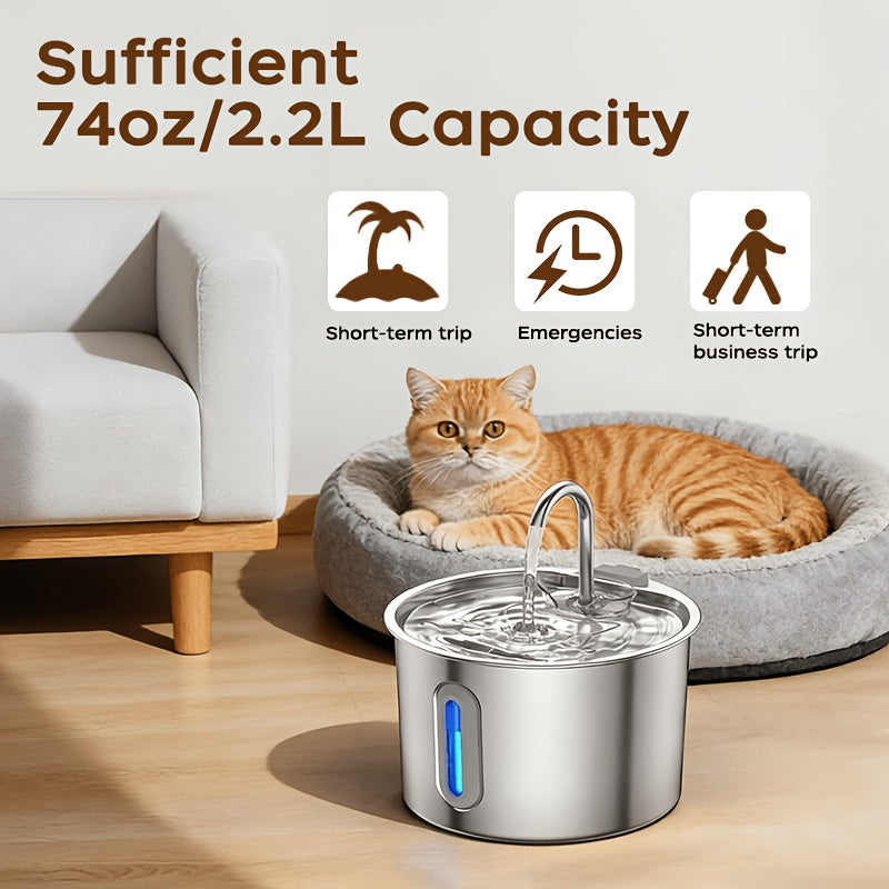 Filtered Cat Water Fountain 74.39oz, Stainless Steel Automatic Pet Drinking Dispenser with Quiet Pump for Cats and Dogs, Three Style Options