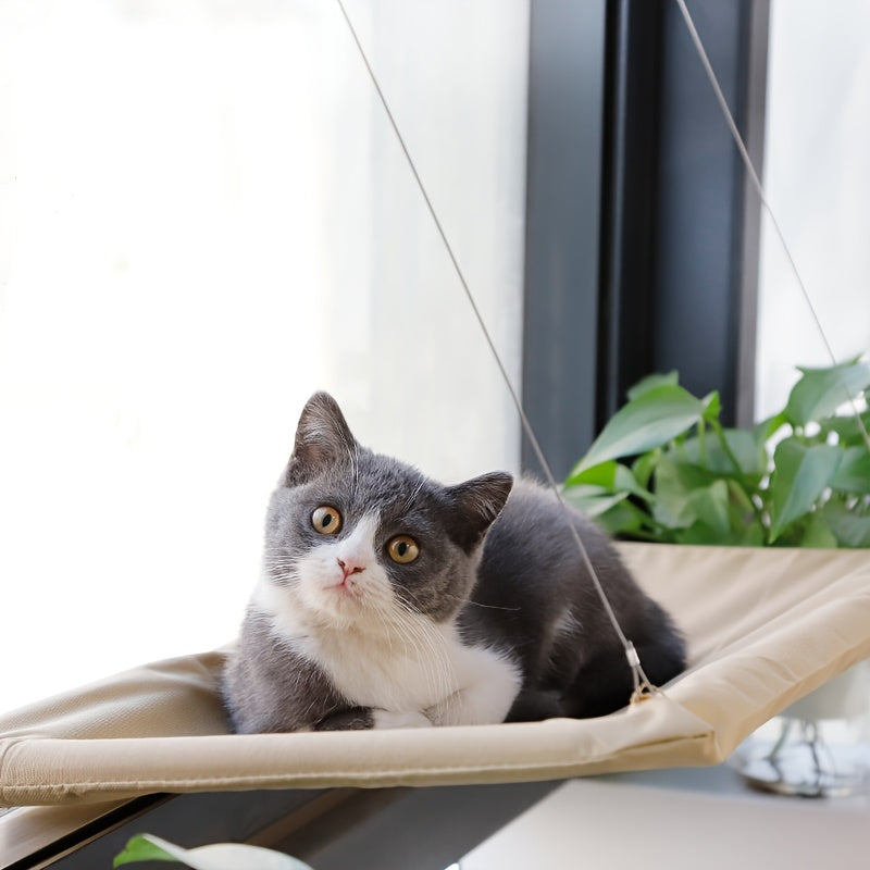 Suction Cup Cat Window Hammock in Khaki, Indoor Cat Bed and Window Viewing Platform for Lounging, Birdwatching and Everyday Rest