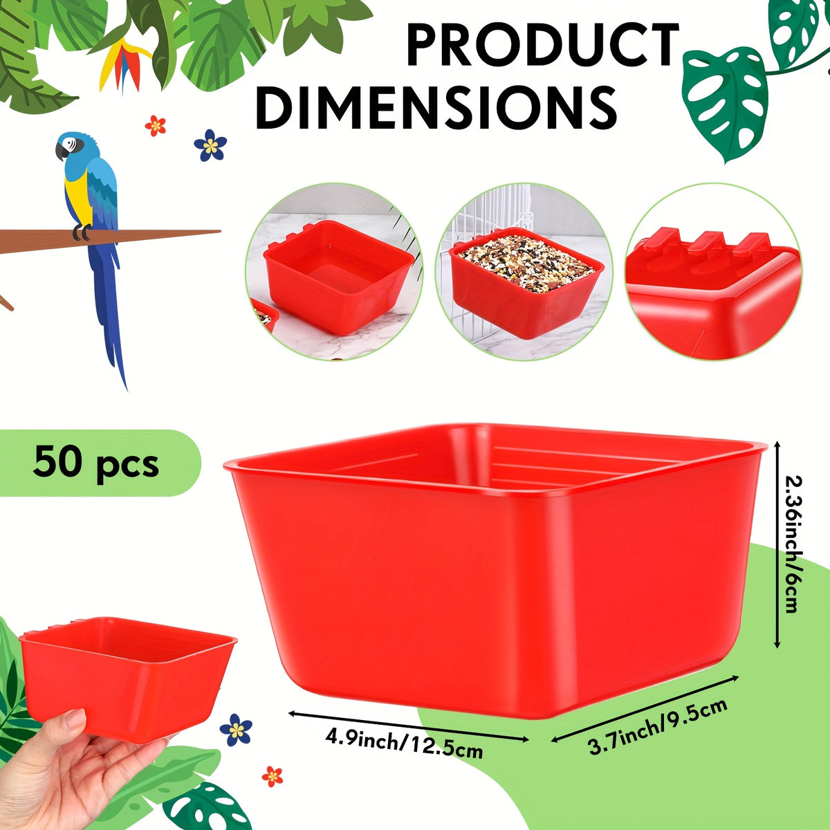 Chicken Feeder Cups 50 Pack, Red 16 Oz Hanging Cage Food and Water Bowls for Poultry, Parrots, Parakeets, Pigeons and Bunny Feeding Routines