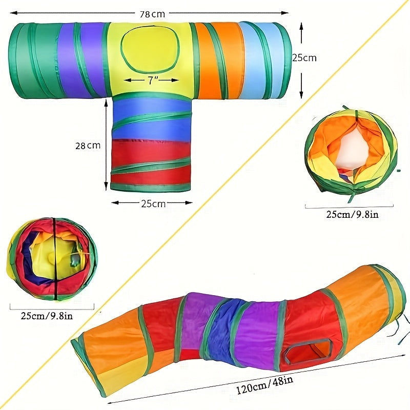 Rainbow Cat Play Tunnel, Collapsible S-Shaped or 3-Way Tubes with Peek Holes and Ball Features, Single or Two-Pack Options for Indoor Cat Play