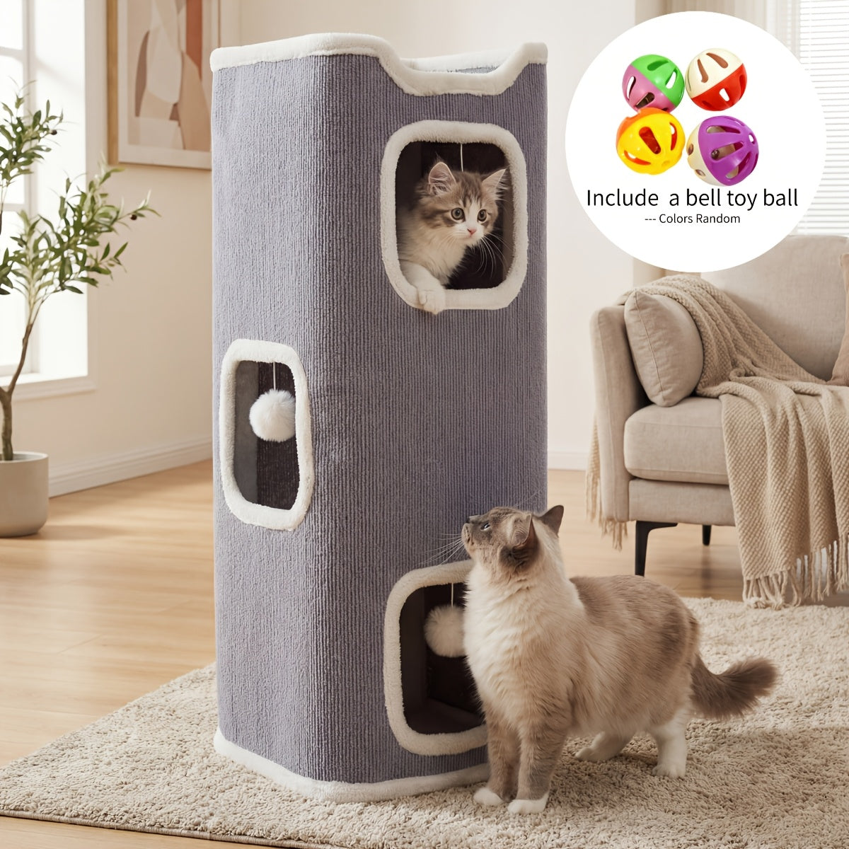 Cat Hideaway Tower with Felt Exterior and Particle Board Frame, Indoor Cat Condo Furniture in One, Three or Four Layers with Optional Bell Ball Bundles