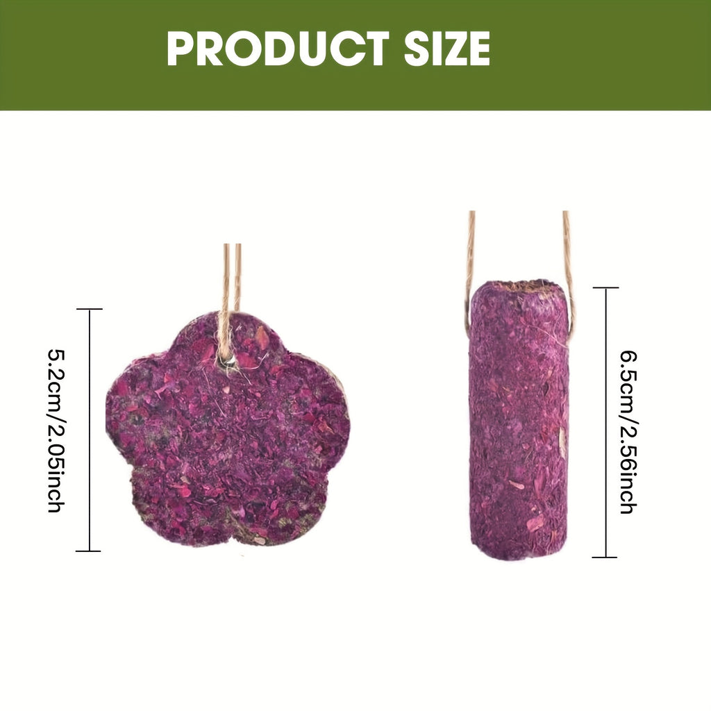 Rabbit Chew Cakes and Sticks 12 Pack, Hanging Timothy Hay Treats with Listed Rose and Chrysanthemum, Flower and Cylinder Shapes for Small Pet Enrichment