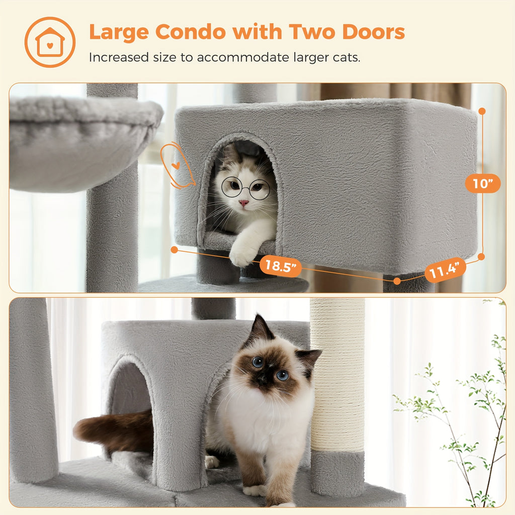 Cat Tree with Oversized Top Perch, 56.3 Inch Multi-Level Indoor Cat Tower with Hammock, Two Condo Hideaways and Scratching Posts, Five Colors