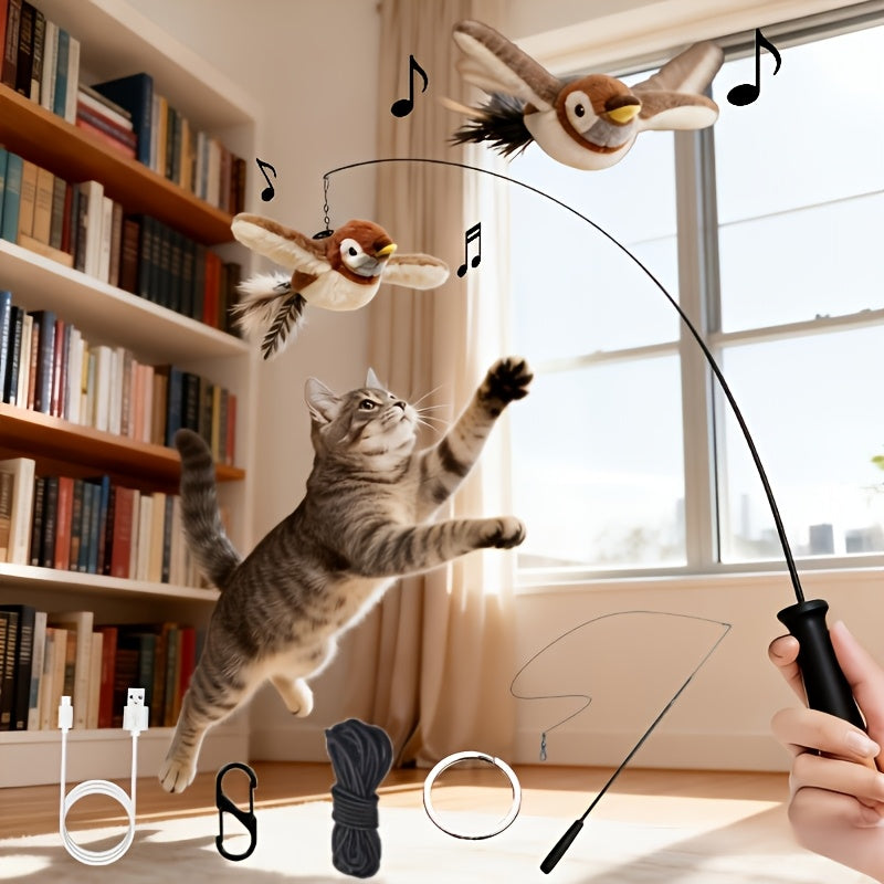 Rechargeable Bird Cat Toy 2-Pack, Cordless Flying Sparrow with Fluttering Wings and Jumping Motion for Supervised Indoor and Outdoor Play
