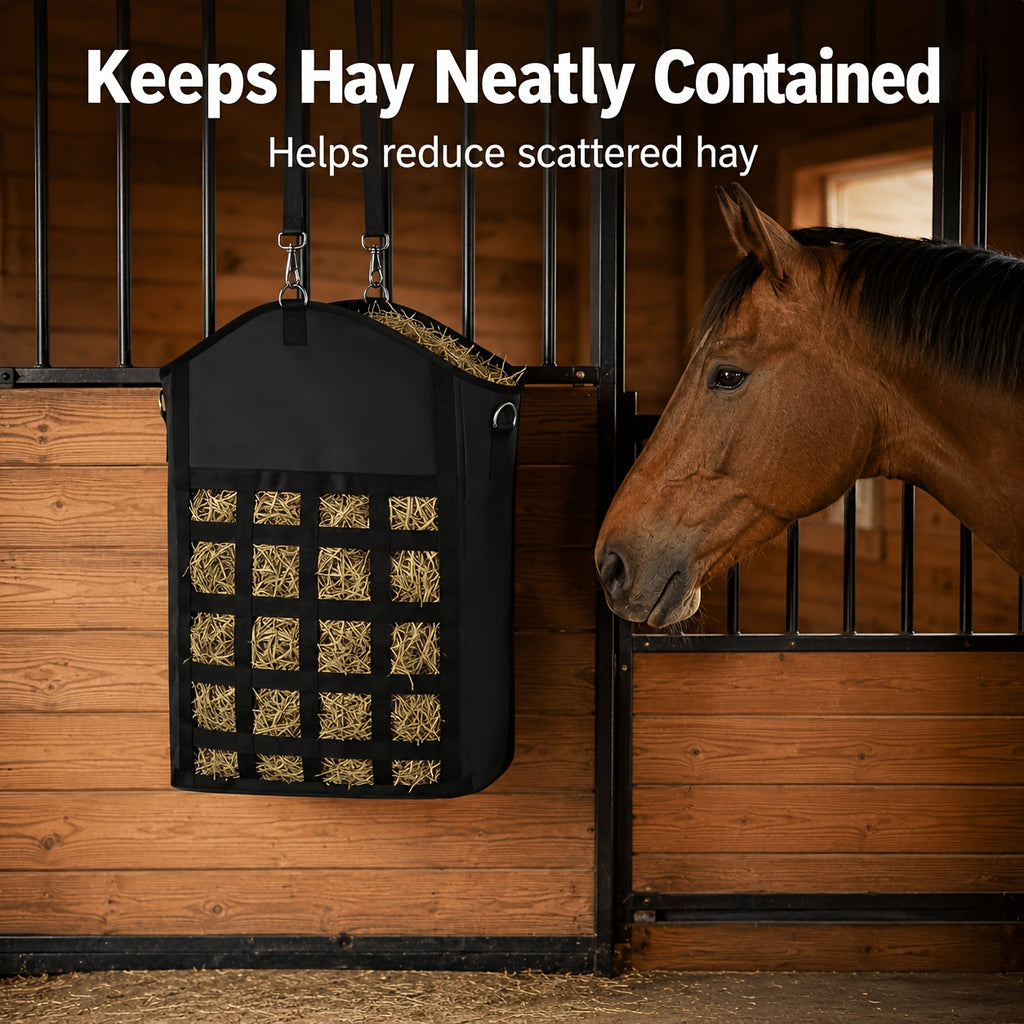 Hanging Hay Feeder Bag for Horses, Goats and Sheep, Open-Top Forage Holder with Grid Feeding Panel for Barn Stalls, Fences and Trailers