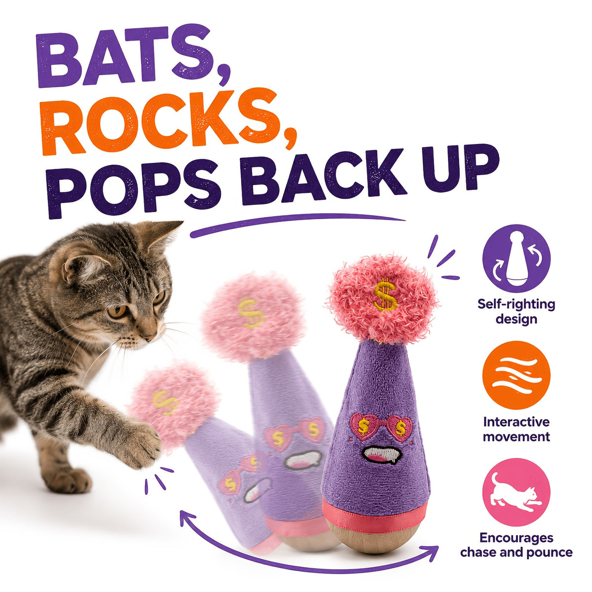 Cat Wobble Feather Toy with Cat Mint Powder, Interactive Hunting and Chasing Teaser for Indoor Kittens and Adult Cats, Purple or Red Styles