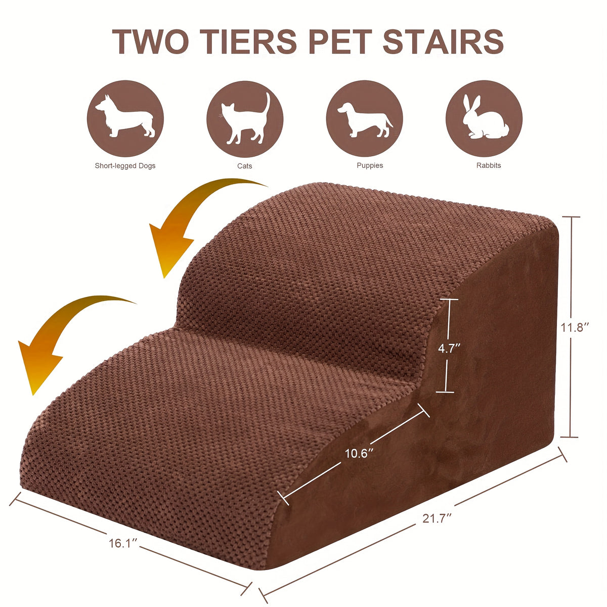 Memory Foam Dog Steps with Washable Cover, 2-Step Pet Stairs with Non-Slip Bottom and Textured Surface for Sofa and Bed Access, Brown or Camel