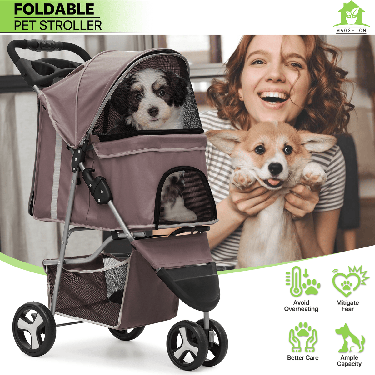 Pet Stroller with Storage Basket and Cup Holder, Magshion Three-Wheel Foldable Pushchair for Small and Medium Dogs and Cats, 14 Color and Pattern Options